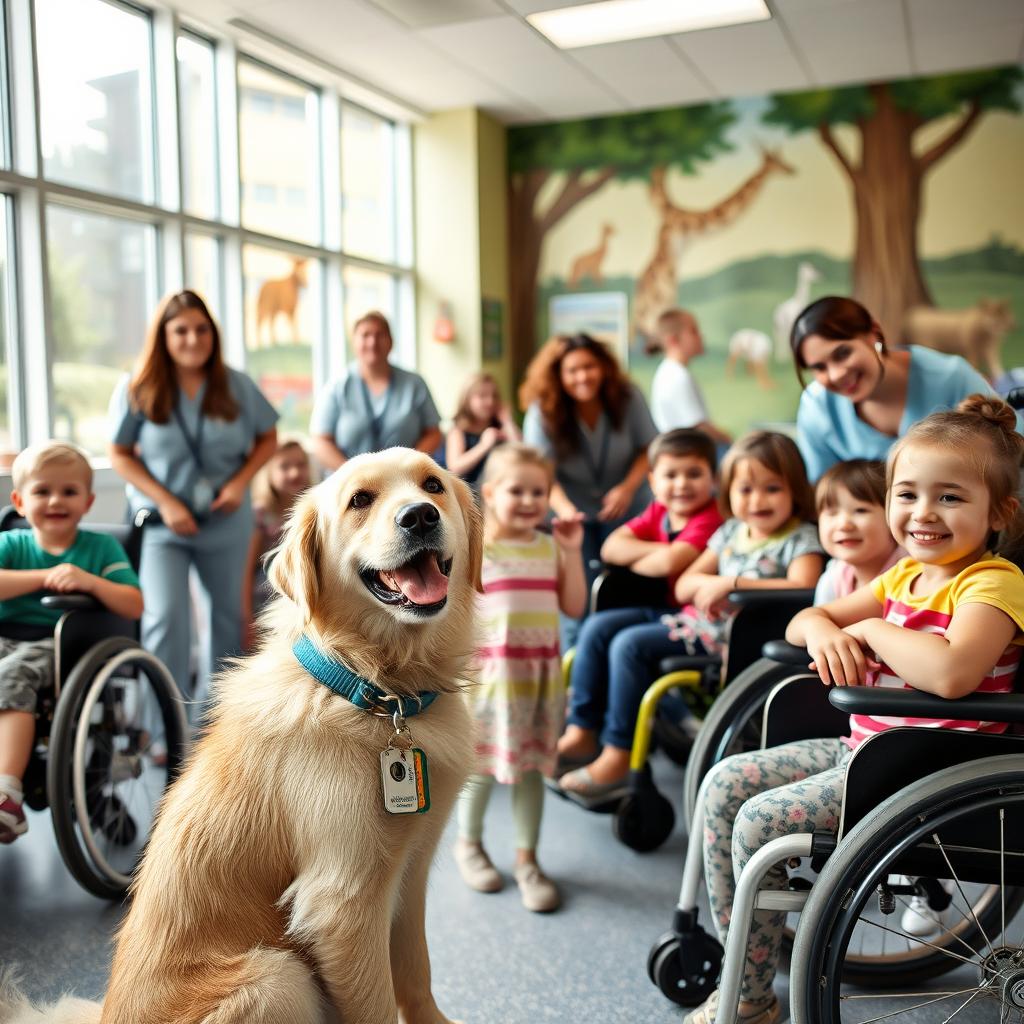 Friendly and gentle therapy dog happily interacting with children in a hospital playroom