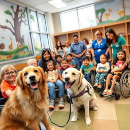 Friendly and gentle therapy dog happily interacting with children in a hospital playroom