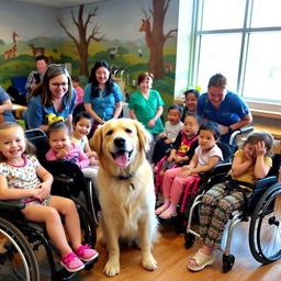 Friendly and gentle therapy dog happily interacting with children in a hospital playroom