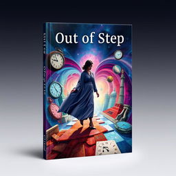 A book cover design for 'Out of Step', featuring a surreal, abstract representation of a lone figure stepping confidently through a distorted world