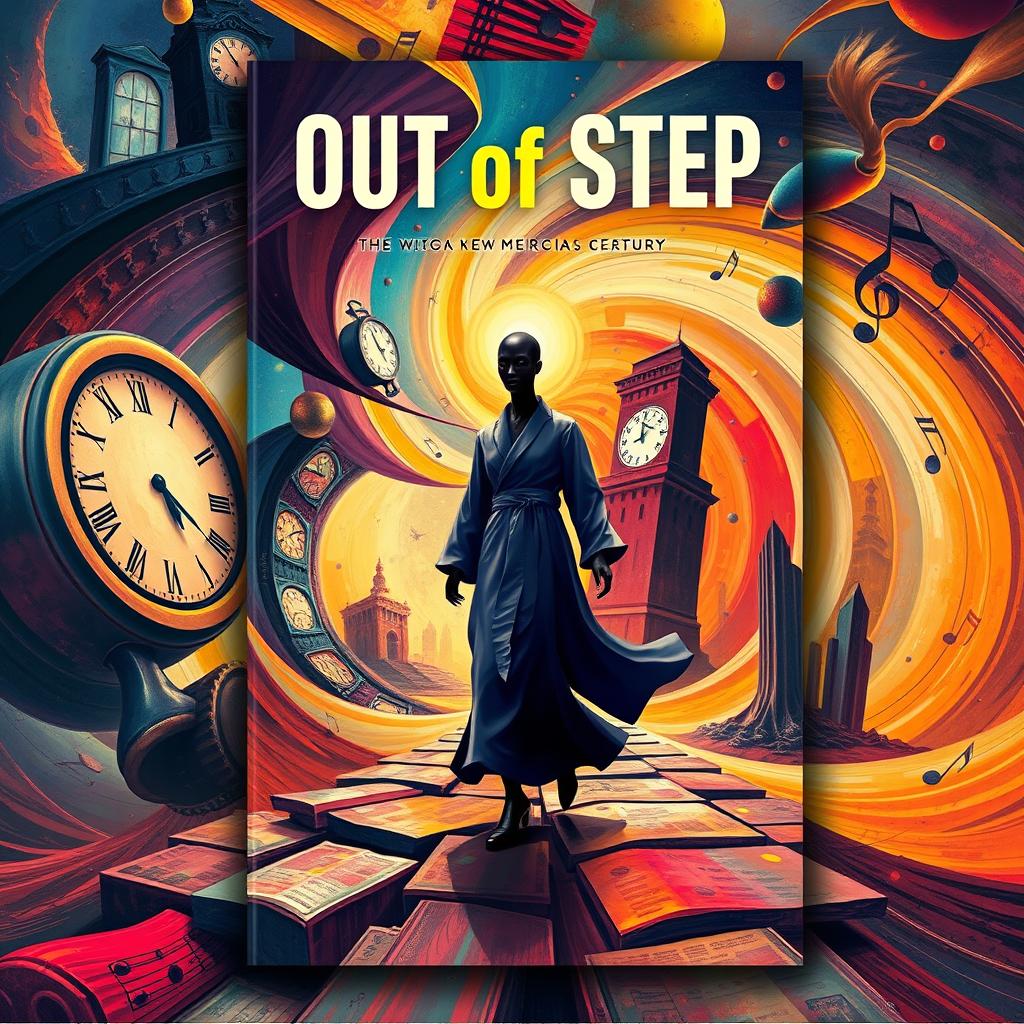 A book cover design for 'Out of Step', featuring a surreal, abstract representation of a lone figure stepping confidently through a distorted world