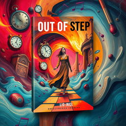 A book cover design for 'Out of Step', featuring a surreal, abstract representation of a lone figure stepping confidently through a distorted world