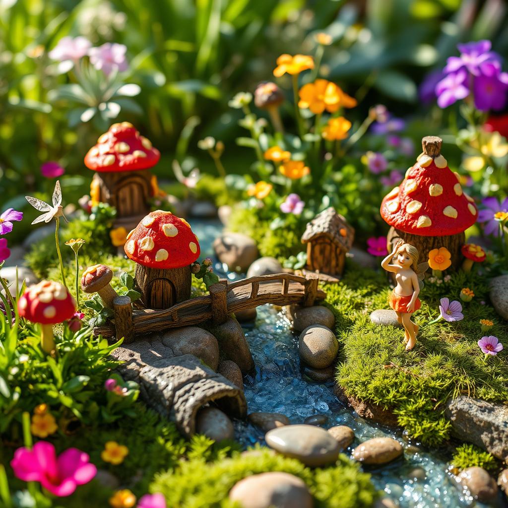 A whimsical and enchanting miniature fairy tale garden, featuring delicate fairy houses made of colorful mushrooms and twigs, surrounded by tiny sparkling rivers and bridges made of natural stones