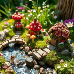 A whimsical and enchanting miniature fairy tale garden, featuring delicate fairy houses made of colorful mushrooms and twigs, surrounded by tiny sparkling rivers and bridges made of natural stones