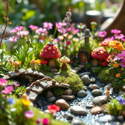 A whimsical and enchanting miniature fairy tale garden, featuring delicate fairy houses made of colorful mushrooms and twigs, surrounded by tiny sparkling rivers and bridges made of natural stones