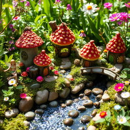 A whimsical and enchanting miniature fairy tale garden, featuring delicate fairy houses made of colorful mushrooms and twigs, surrounded by tiny sparkling rivers and bridges made of natural stones