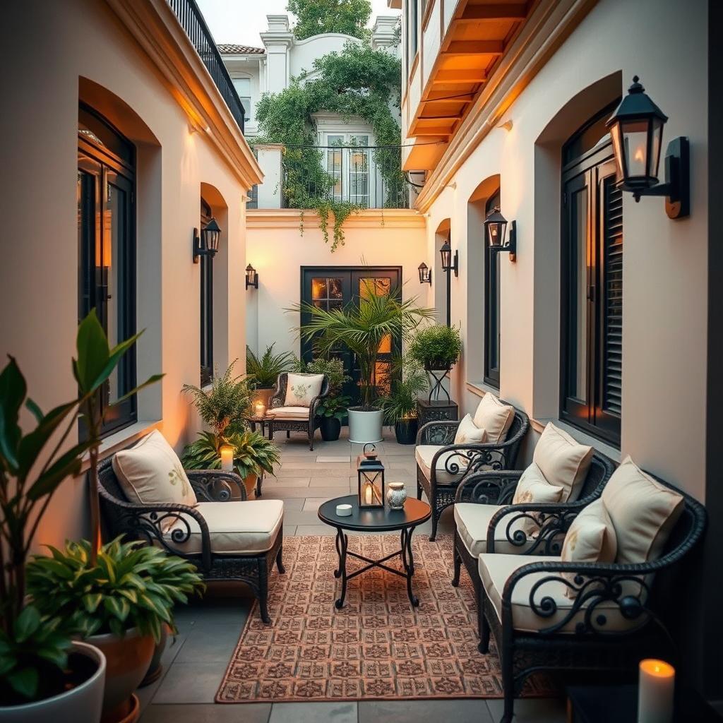 A beautifully decorated narrow terrace, closed on the sides, featuring cozy seating arrangements with plush cushions and soft outdoor lighting