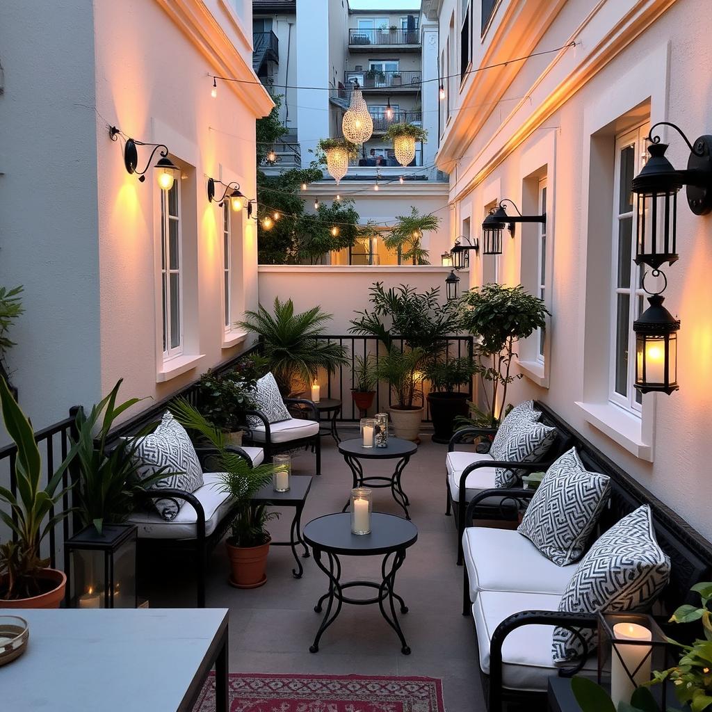 A beautifully decorated narrow terrace, closed on the sides, featuring cozy seating arrangements with plush cushions and soft outdoor lighting