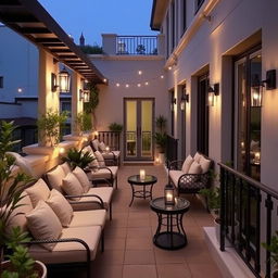 A beautifully decorated narrow terrace, closed on the sides, featuring cozy seating arrangements with plush cushions and soft outdoor lighting