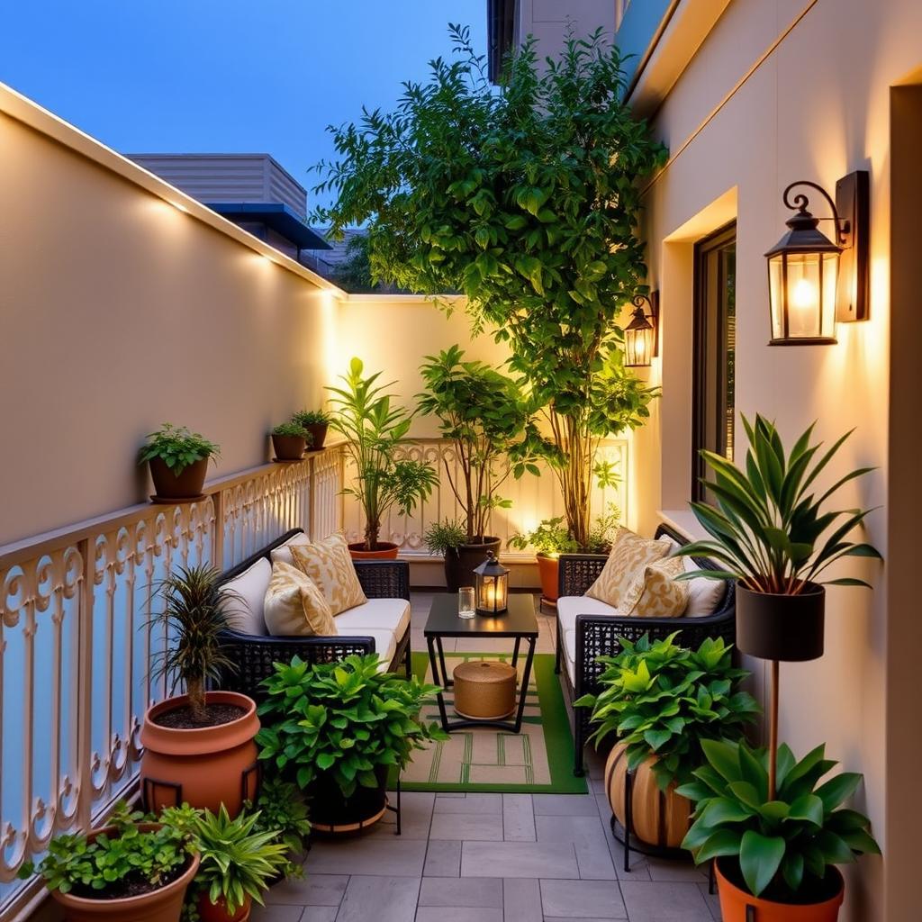 A beautifully decorated narrow terrace, enclosed on both sides with elegant railings or walls, creating a private and cozy outdoor space