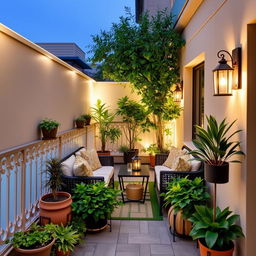 A beautifully decorated narrow terrace, enclosed on both sides with elegant railings or walls, creating a private and cozy outdoor space