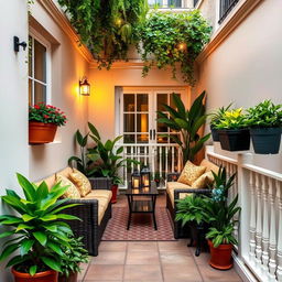 A beautifully decorated narrow terrace, enclosed on both sides with elegant railings or walls, creating a private and cozy outdoor space