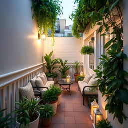 A beautifully decorated narrow terrace, enclosed on both sides with elegant railings or walls, creating a private and cozy outdoor space