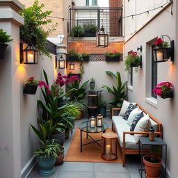 A beautifully decorated narrow terrace, enclosed on two sides with stylish walls or decorative railings