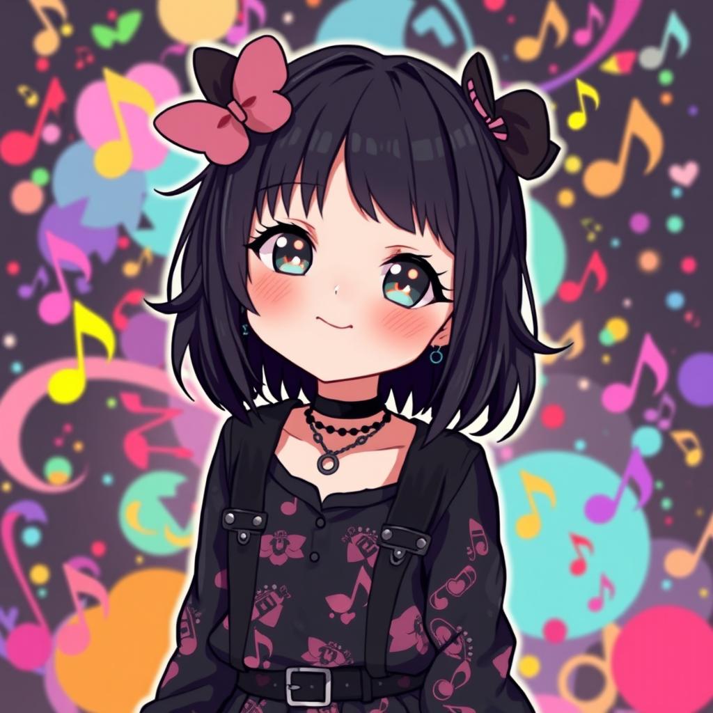 A cute anime girl with an indie core fashion style, characterized by dark yet cheerful elements