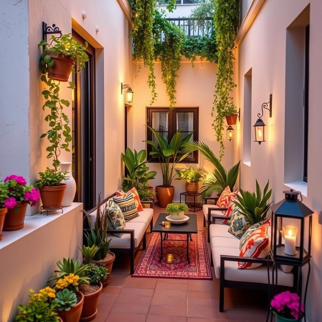 A narrow terrace beautifully decorated and enclosed on the sides with stylish walls or artistic railings