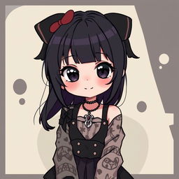 A cute anime girl with an indie core aesthetic, her style is characterized by dark colors with a hint of playfulness