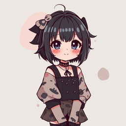 A cute anime girl with an indie core aesthetic, her style is characterized by dark colors with a hint of playfulness