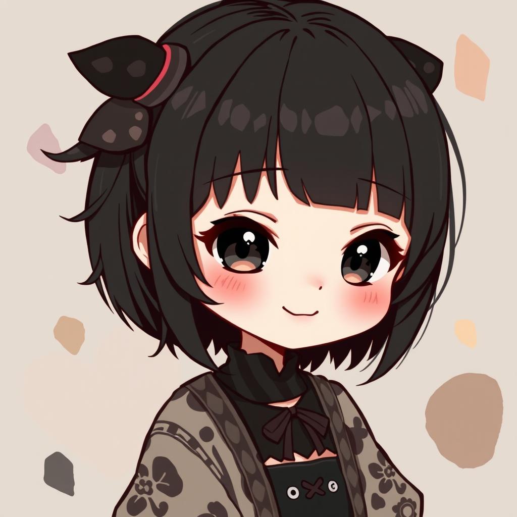 A cute anime girl with an indie core aesthetic, her style is characterized by dark colors with a hint of playfulness