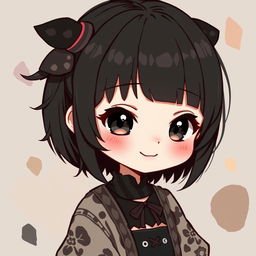 A cute anime girl with an indie core aesthetic, her style is characterized by dark colors with a hint of playfulness