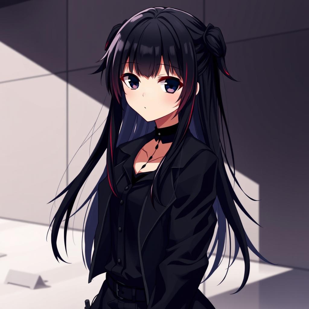 A captivating anime girl with striking long black hair featuring subtle red highlights