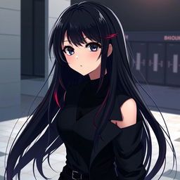 A captivating anime girl with striking long black hair featuring subtle red highlights