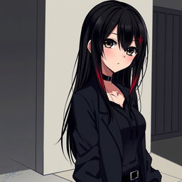 A captivating anime girl with striking long black hair featuring subtle red highlights