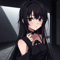 A captivating anime girl with striking long black hair featuring subtle red highlights