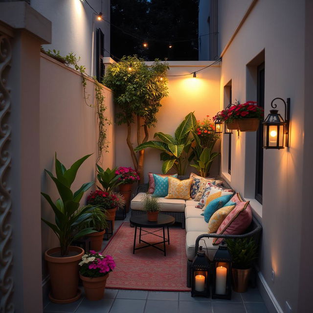 A creatively decorated narrow terrace, enclosed by elegant side structures like artistic walls or intricate railings