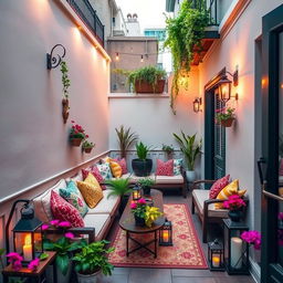 A creatively decorated narrow terrace, enclosed by elegant side structures like artistic walls or intricate railings