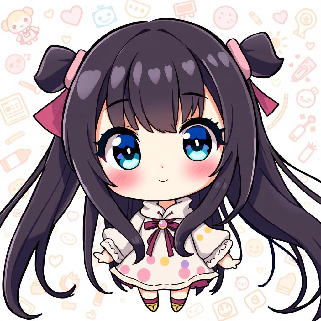 A delightful chibi anime girl with long flowing black hair and sparkling blue eyes