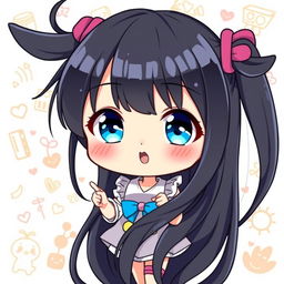 A delightful chibi anime girl with long flowing black hair and sparkling blue eyes