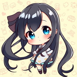 A delightful chibi anime girl with long flowing black hair and sparkling blue eyes