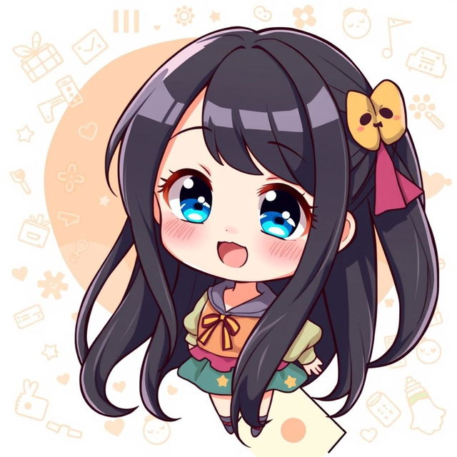 A delightful chibi anime girl with long flowing black hair and sparkling blue eyes