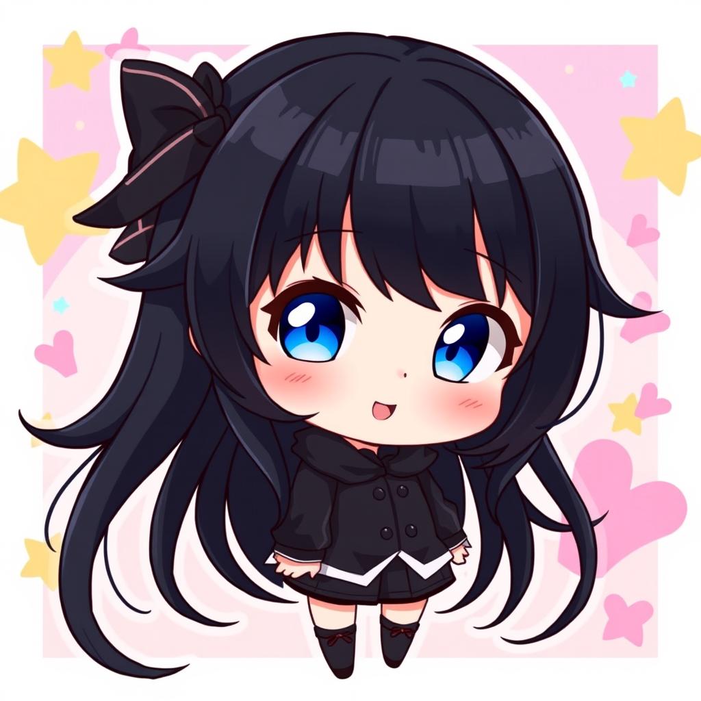 A charming chibi anime girl with long flowing black hair and sparkling blue eyes