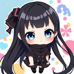 A charming chibi anime girl with long flowing black hair and sparkling blue eyes