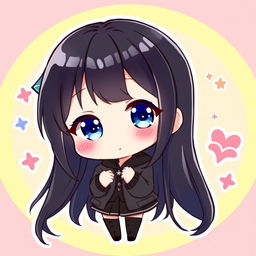 A charming chibi anime girl with long flowing black hair and sparkling blue eyes