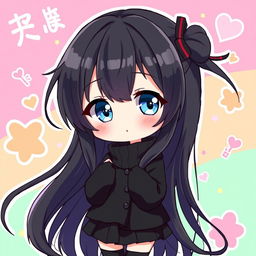 A charming chibi anime girl with long flowing black hair and sparkling blue eyes