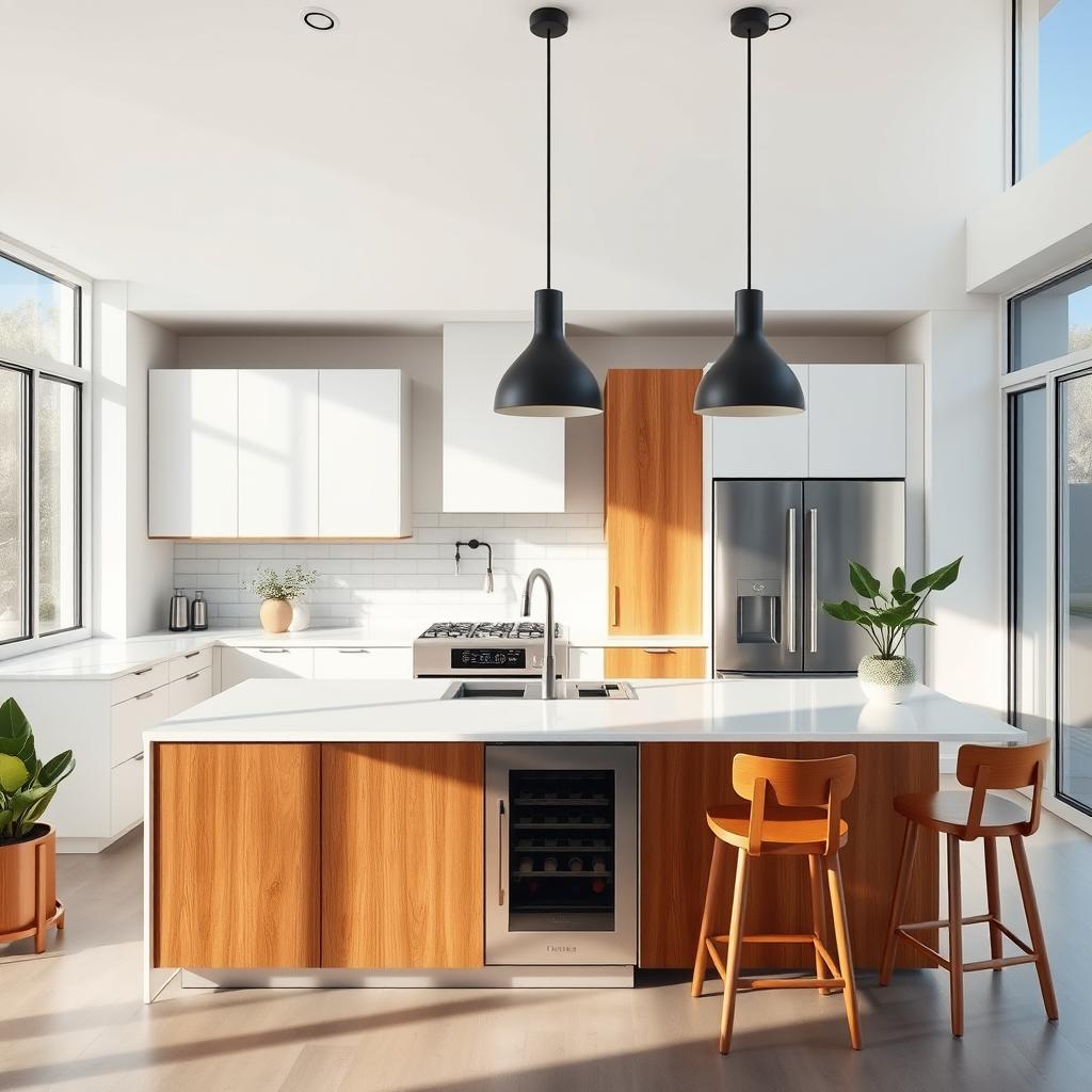 A modern kitchen interior featuring a centerpiece kitchen island with pelikano wood paneling in a caramel color