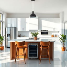 A modern kitchen interior featuring a centerpiece kitchen island with pelikano wood paneling in a caramel color