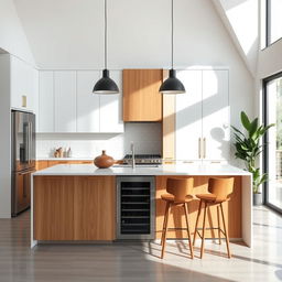 A modern kitchen interior featuring a centerpiece kitchen island with pelikano wood paneling in a caramel color