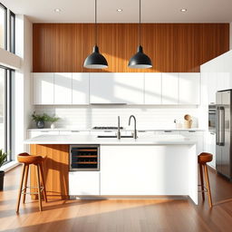 A modern kitchen interior featuring a centerpiece kitchen island with pelikano wood paneling in a caramel color