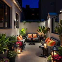 A sophisticated narrow terrace decorated in a contemporary style, enclosed with chic and elegant side barriers