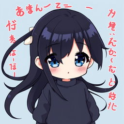 A charming chibi anime girl with long, flowing black hair and sparkling blue eyes