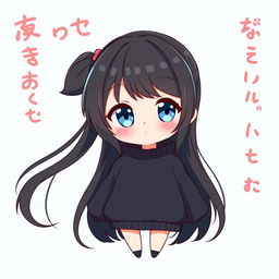 A charming chibi anime girl with long, flowing black hair and sparkling blue eyes