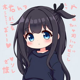 A charming chibi anime girl with long, flowing black hair and sparkling blue eyes