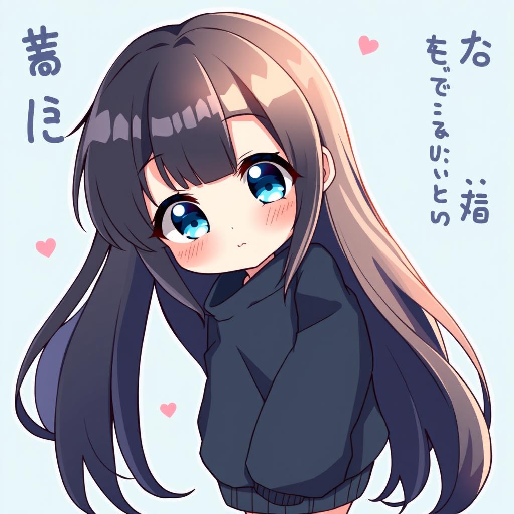 A charming chibi anime girl with long, flowing black hair and sparkling blue eyes