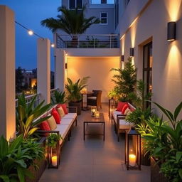 A beautifully decorated narrow terrace, enclosed on the sides with modern, sleek barriers or stylish railings