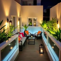 A beautifully decorated narrow terrace, enclosed on the sides with modern, sleek barriers or stylish railings