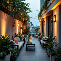 A beautifully decorated narrow terrace, enclosed on the sides with modern, sleek barriers or stylish railings